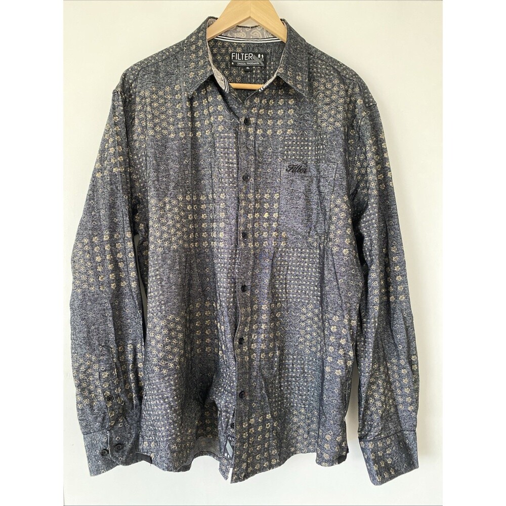 Filter Mens XL Long Sleeve Button Up Dress Shirt Dark Gray W/Gold Pattern "READ